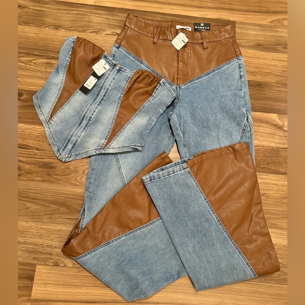 Fashion Nova 2 Pc Flare Jeans Corset Top Stretch Denim Faux Brown Leather M NWT